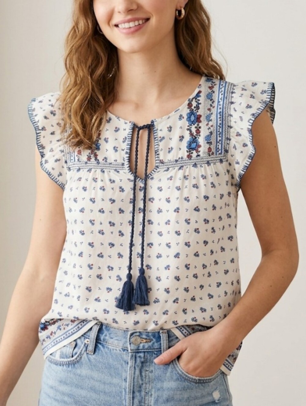 Point Sur J.Crew Floral Flutter Sleeve Tassel Tie Peasant Blouse White Blue MP